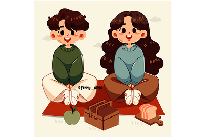 Cartoon Boy and Girl Enjoying Picnic background community eat family food friends holiday meal nature outdoor outside picnic recreation relationship relaxing sitting snack together vacation weekend