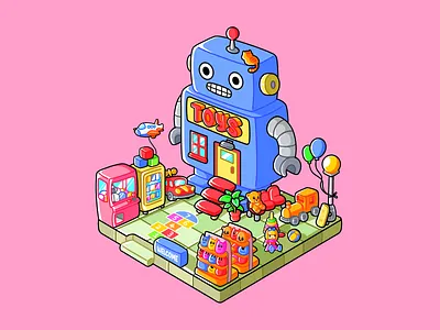 Robot Toy Shop — Little Shop Project animation background branding cartoon creature design fantasy game graphic design illustration isometric logo playful procreate robot shop store toys ui vector
