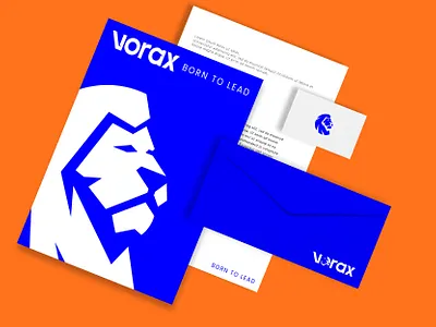 Vorax - Born To Lead bold brand design brand identity branding business champion clean emblem envelope geometric icon inimal leadership lion logo mark print professional stationery visual identity