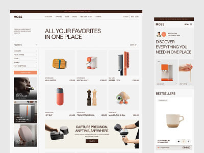 Moss E-commerce Website branding clean design e commerce ecommerce landing page online shop platform product details product page shop shopify shoping shopping cart store ui web web design webdesign website