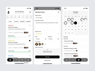 Taskly - Project Task Management Mobile App addtask calendar design designer management mobile mobileapp mobiledesigner productdesigner progress task taskamanagement ui uidesigner uiux