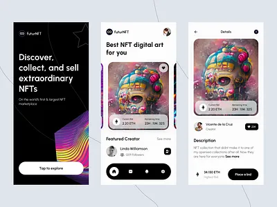 FuturNFT app exploration auction blockchain coin crypto crypto art crypto wallet cryptocurrency defi ethereum exchange metaverse mobile app design nft nft app nft art nft design token ui ux wallet