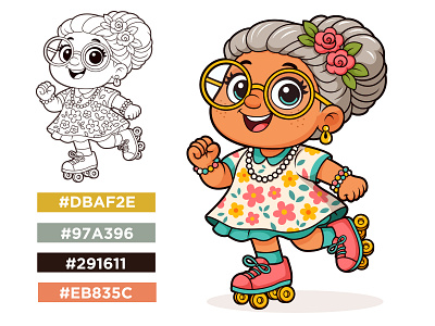 Cute Grandma Character Skating | Grandma Skating Vector Art art branding caricature cartoon cartoon grandma clipart coloring book coloring page custom character design cute funny funny character illustration grandma graphic design illustration mascot original cartoon mascot portrait skating vector