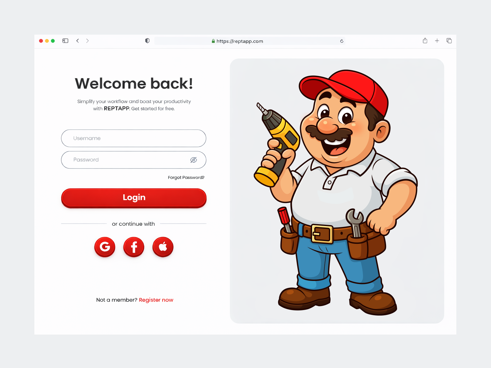 Website Login Page Design in Cartoon Style branding cartoon cartoon handyman cartoon ui funny website handyman logo happy handyman holding drill icon illustration landing page landing page templates login illustration login web login website logo repairman character sign up website svg illustration website design