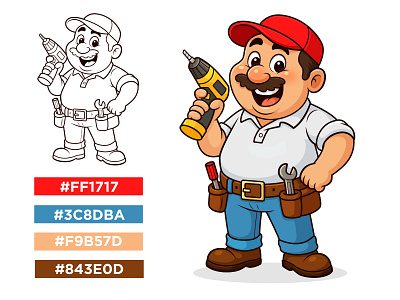 Happy Handyman Cartoon Character | Cartoon Repairman vector Logo beehaya branding cartoon cartoon handyman cute cute repairman fun graphic design handyman logo handyman toolbelt happy happy handyman holding drill illustration logo repairman character vector