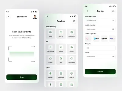 Digital Wallet Scan card, Services & Top Up Screen UI/UX app banking app bill pay check out clean digital wallet e shopping finance app fintech mobile app saas scan services top up ui wallet withdraw