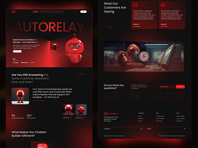 AutoRelay – AI Chatbot Builder Landing Page | SaaS UI/UX 3d ai agents ai agents landing page ai chatbot ui ai landing page app branding chatbot builder ux conversational interface customer support automation design drag and drop interface gpt 4 chatbot design graphic design illustration modern saas design no code saas real time smart replies smart support assistant virtual assistant ux