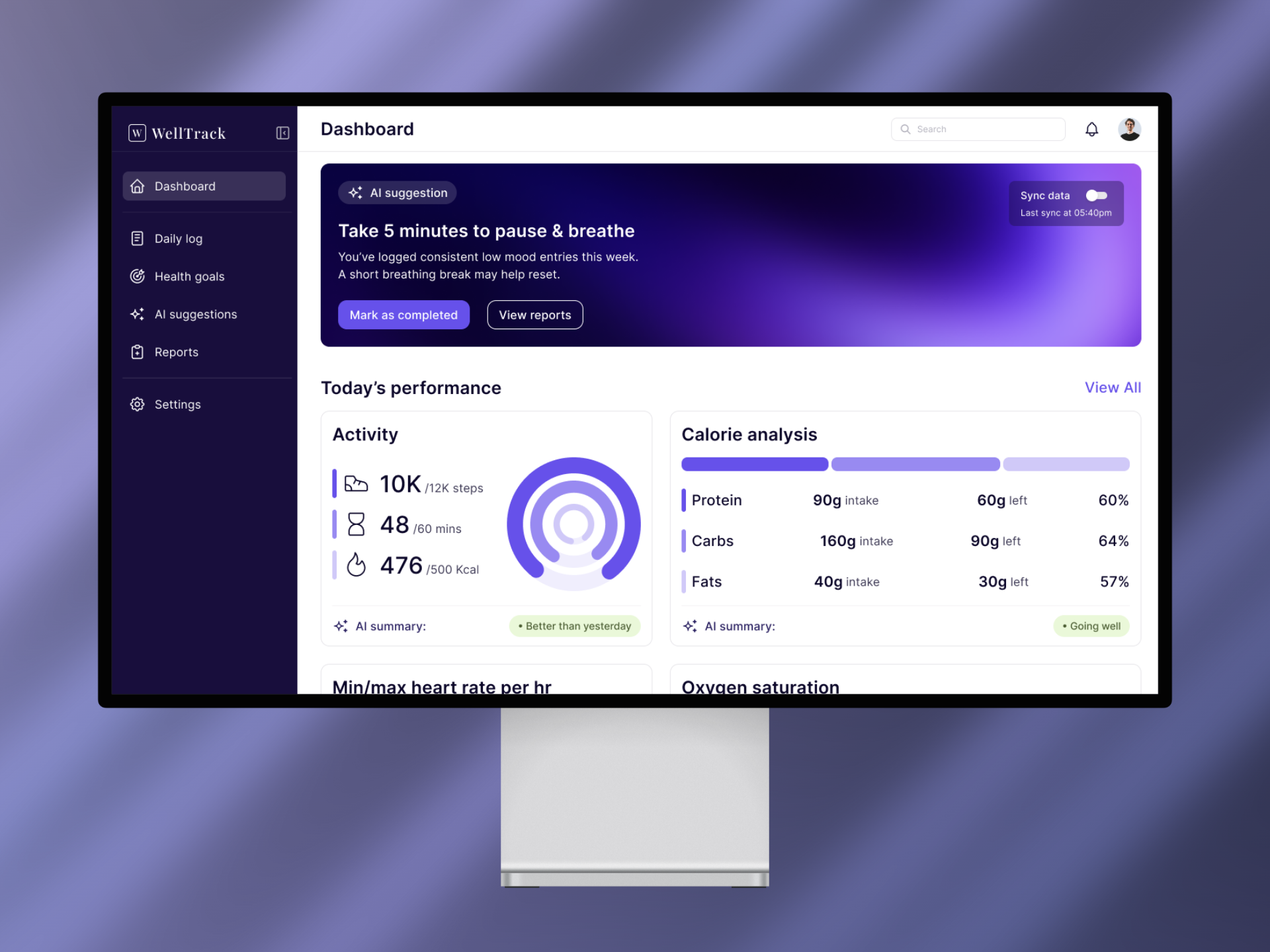 WellTrack - Easy health tracking with AI ai dashboard graphs health recommendation tracking ui ux webapp
