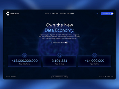 ConsumerFi Landing Page abstract agent ai animation autonomous crypto dark mode data defi economy finance landing page saas shop tech transaction video wallet web3