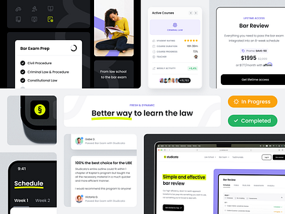 Studicata - Overview bar exam bar review bb agency bento bento box black and white dark light grid highlights law students lms minimal mockup product design studicata testimonials ui ui cards user interface web design