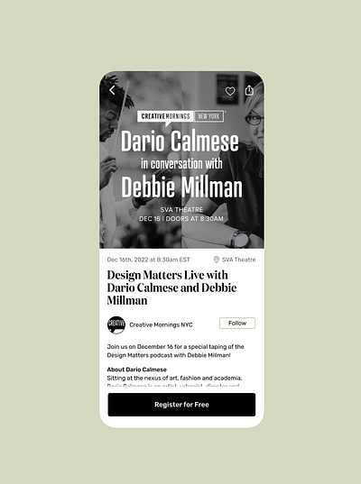 Daily UI 070 ~ Event Listing (Debbie Millman x Dario Calmese) creativemornings dailyuichallenge design figma ui uiux ux uxdesign