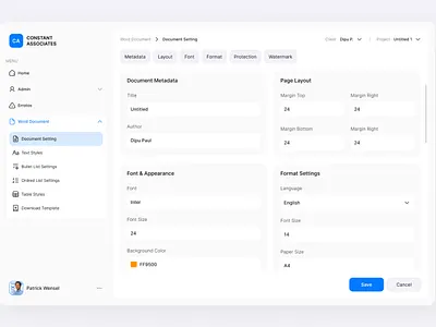 Document Setting - SaaS Dashboard Design a minimalist saas dashboard admin dashboard admin panel constant associates dark theme ui data visualization document document management document setting figma form design saas dashboard saas design setting panel ui settings ui ux uxdata word document
