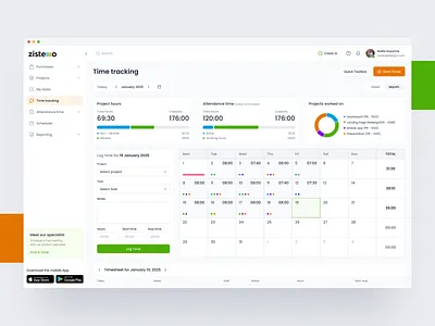 Time Tracking web app - Zistemo redesign concept calendar chart clean dashboard design interface management navigation product project management redesign sidebar table time time tracking ui ux web app