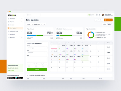 Time Tracking web app - Zistemo redesign concept calendar chart clean dashboard design interface management navigation product project management redesign sidebar table time time tracking ui ux web app