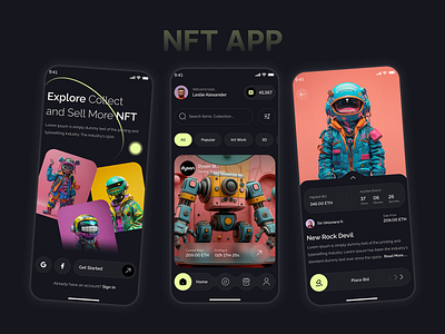 NFT Mobile App crypto app crypto wallet dark mode ui digital art figma ui mobile app ui nft app nft marketplace product design ui design ux design web3 ui