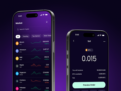 Crypto App Concept · Market&Trade app blockchain btc crypto cryptoapp dark mode dark theme design market mobile trade ui ux