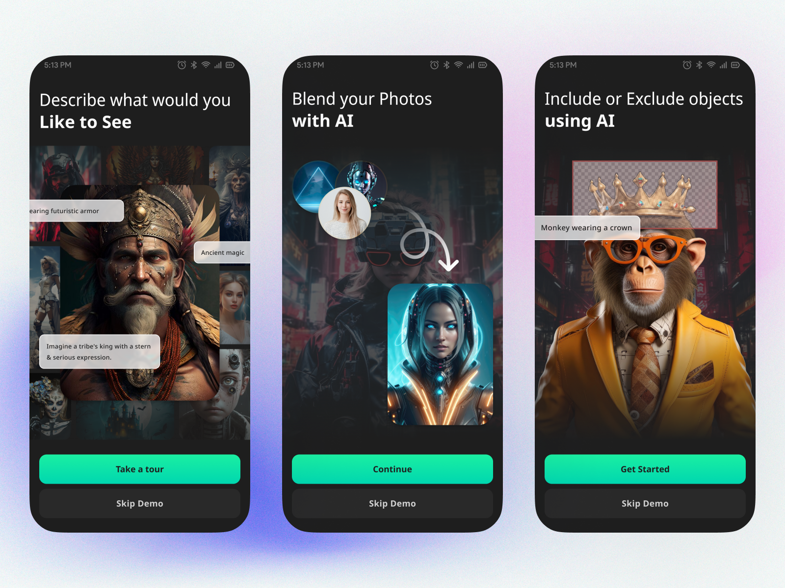 AI Image Generator App Onboarding UI Design ai app ai ui design ai ux app onboarding artificial intelligence clean ui deep learning first time user future tech introduction screens micro interactions minimalist ui mobile ui design onboarding flow onboarding screens product design smart app tech ui user onboarding welcome screens