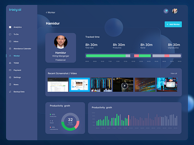 Tracy.ai – Time Tracker Dashboard UI dashboarddesign designforproductivity designfortrust designinspiration freelancemanagement hybridwork micromanagementfree performancemonitoring productivitydashboard remoteteam remoteteamtools saasdesign taskmanagement teammanagement timetracking workmanagement workplaceefficiency worktracking worktransparency