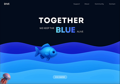 Dive Website 3d 3d character animation blue color branding design fish herosection illustration motion graphics ocean typography ui ux vector webpage website