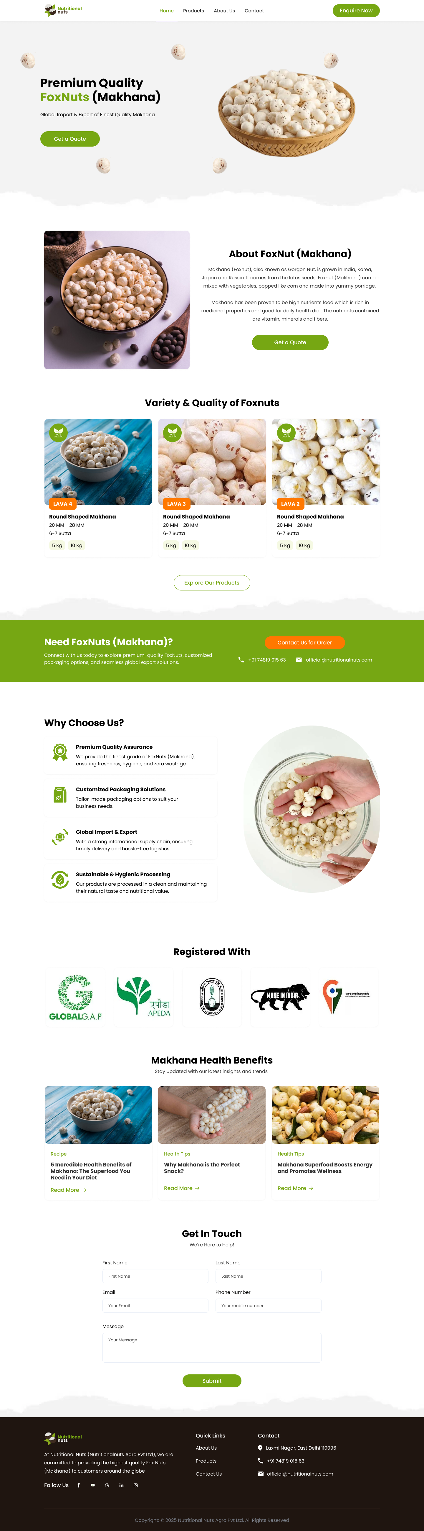 Nutritional Nuts - FoxNuts (Makhana) B2B Landing Page agriculture b2b color design foxnuts landing page mithila makhana ui ux web design