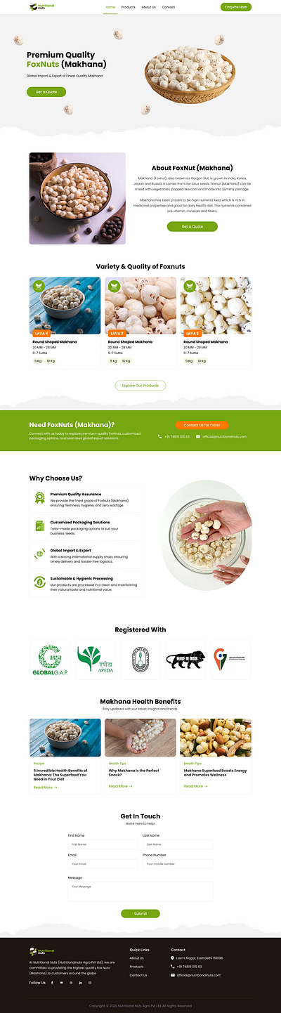 Nutritional Nuts - FoxNuts (Makhana) B2B Landing Page agriculture b2b color design foxnuts landing page mithila makhana ui ux web design