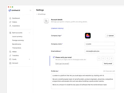 Account details — Untitled UI acount details form product design settings sidebar sidenav ui design user interface
