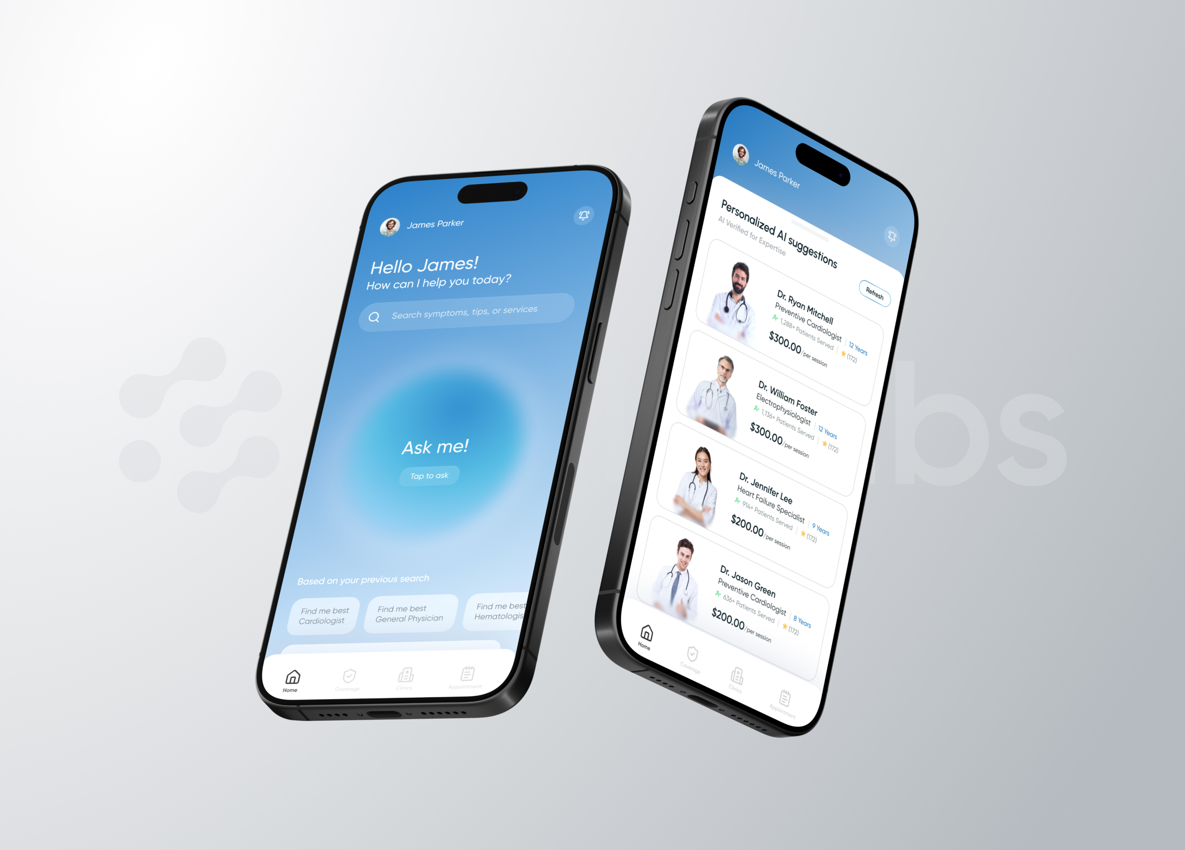 Halo labs - AI App UI Design ai app blue clean clinic doctor health healthcare hospital interactive ios latest minimal mockups new app patients sharp trending ui ux