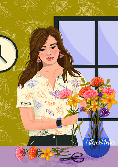 Flower Arranging book design botanical character design design drawing challenge editorial female female illustrator flower arranging hand drawn illustrated scene illustration magazine design portrait procreate