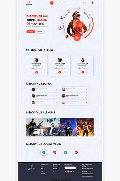 MELODY MUSIC WEBSITE DESIGN app branding design elementor figma graphic design illustration landing page logo ui ui design uiux vector web web design website website design