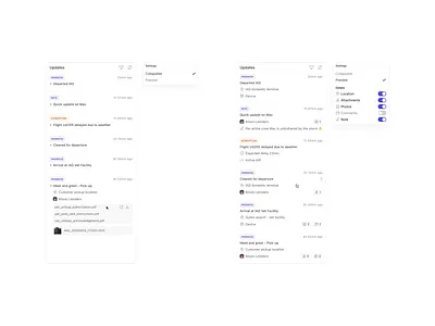 Updates panel settings analytics app clean dashboard data design enterprise interface minimalist modern notification product saas shipment software startup track web widget