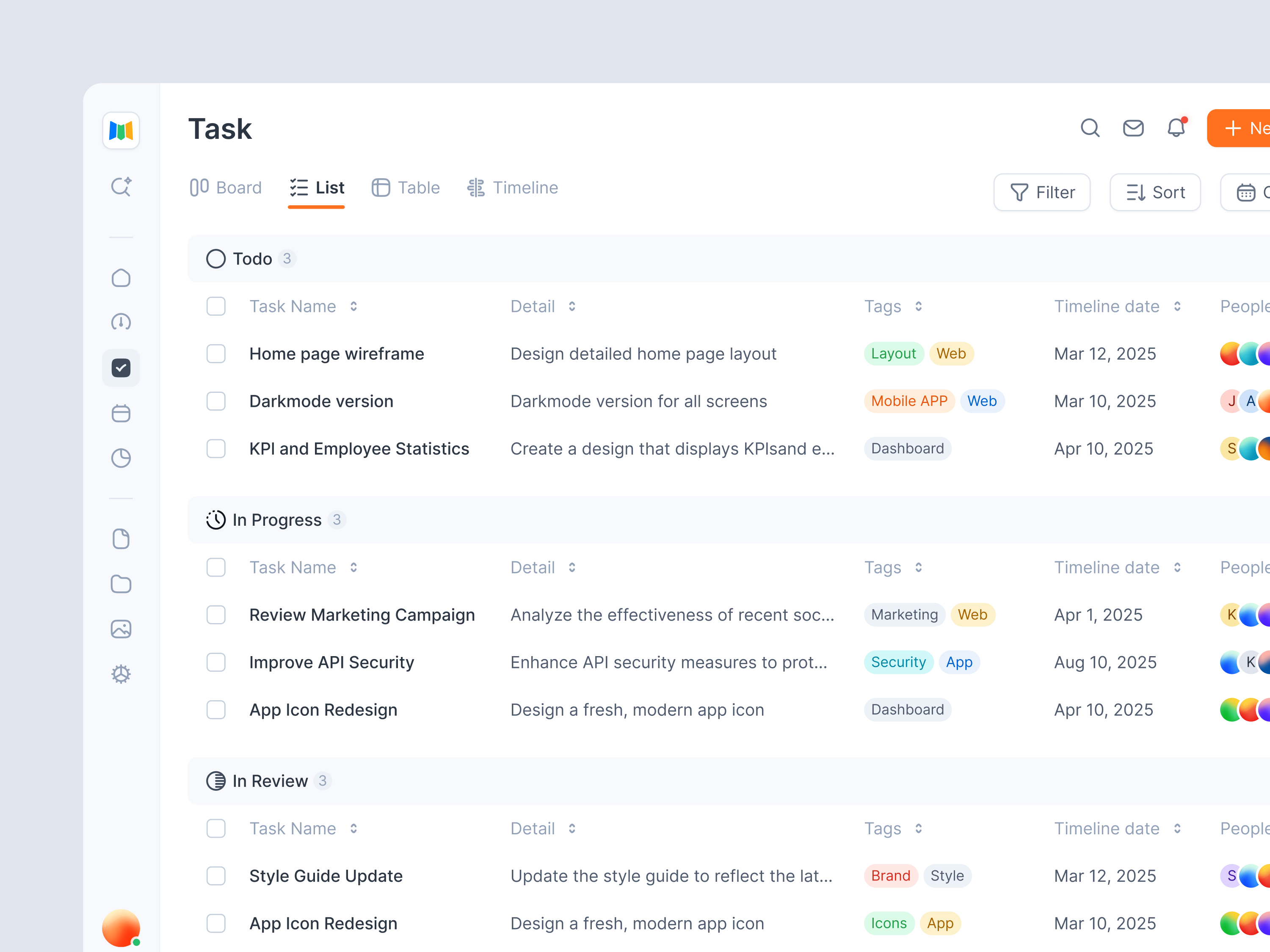 Task management dashboard — list mode view by MingCute on Dribbble