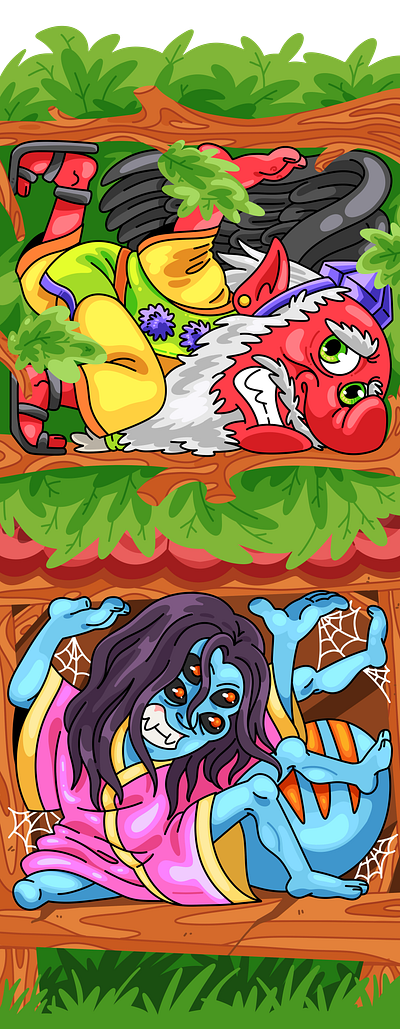 Tengu & Jorogumo - Stuck Spirits 2d animation branding cartoon cartoon character character creature cute design graphic design illustration japanese logo monoline art procreate spirit stuck spirit tengu ui yokai