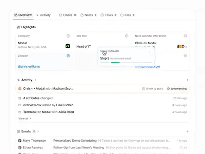 Attio - Record Overview activity attributes bento calendar cards clean emails event grid highlights interface overview sequences tabs timeline ui webapp widgets