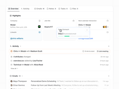 Attio - Record Overview activity attributes bento calendar cards clean emails event grid highlights interface overview sequences tabs timeline ui webapp widgets