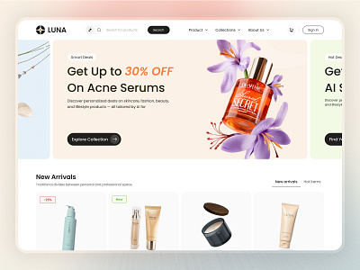 Beauty Website - AI Commerce beautifull beauty beauty product beauty website cosmetics design feminine figma landing page makeup skin care skincare ui ui ux uidesign uiux ux design web design website websitedesign