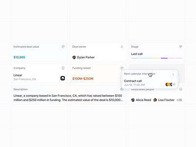 Attio - Record Overview Widgets ai bento calendar clean colours company design email events gradients grid highlights interface sequences tags team ui webapp widgets