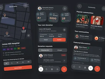 Blood Donation App UI analysis appointment blood blood type clean design communities dark mode donation gotoinc health innovation healthcare help hospital local donors medical app mobile app design request blood save lives uiux wellness