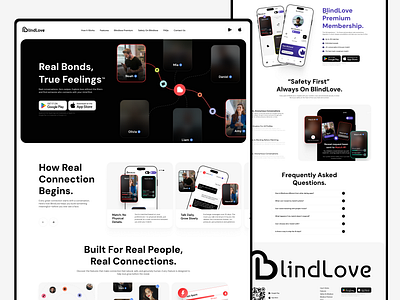 BlindLove Dating - Marketing Landing Page Design. app app design branding dark mode dating app dating design dating website design figma graphic design illustration landing page landing page ui love app ui uiux ux website website design