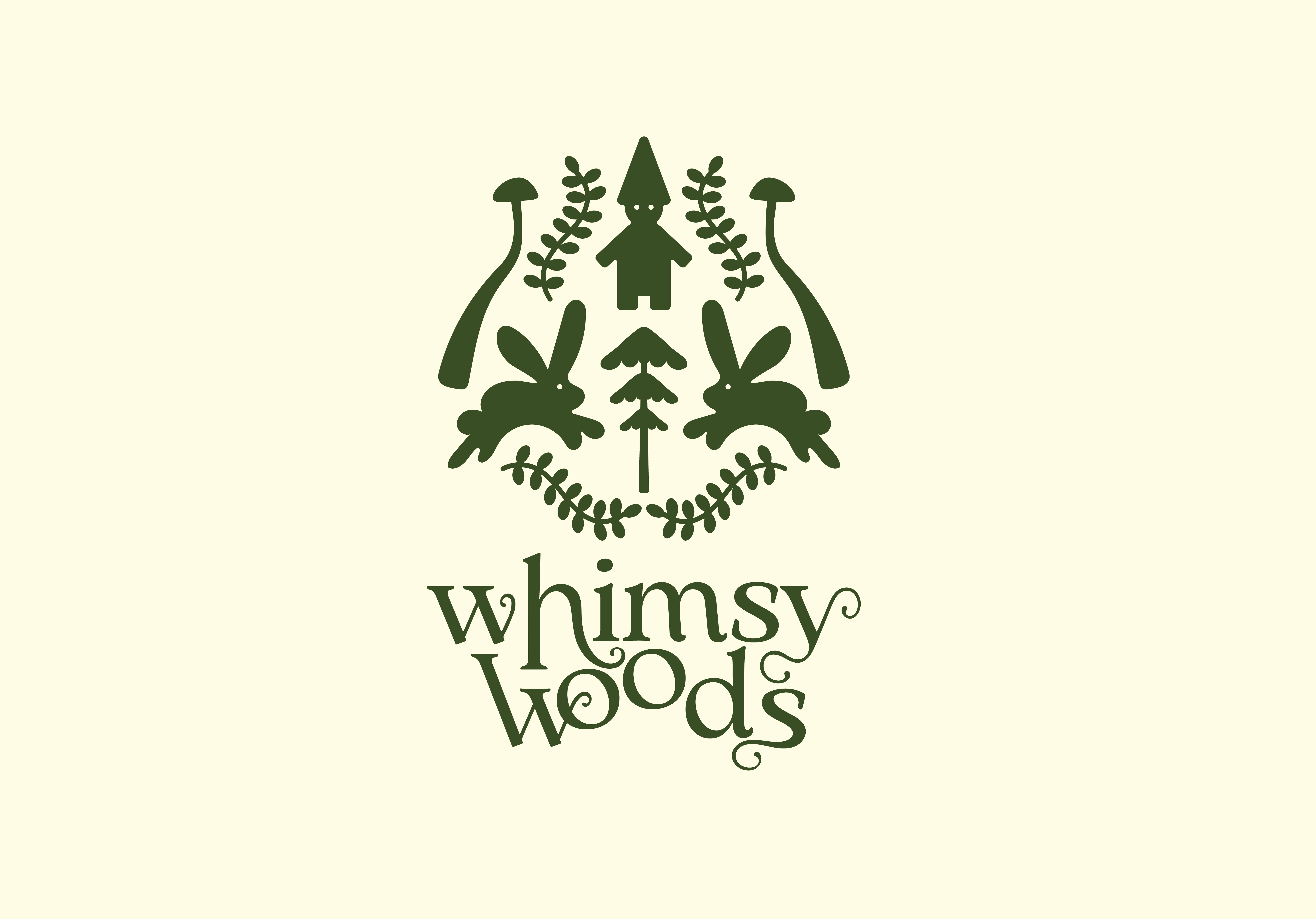 WHIMSY WOODS BOOK STORE book store books brand identity brand identity design branding children childrens book store fantasy gnome logo logo design logotype mushrooms nature organic playful rabbit trees whimsical