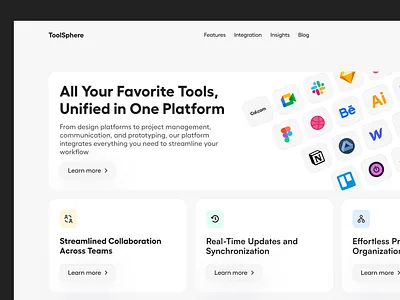 Integration Tool Platform Website Design apps clean design collab feature section integration landing page management platform saas slack software tasks team tools ui web design website design work workflow