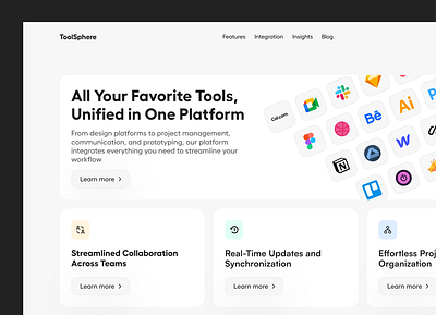 Integration Tool Platform Website Design apps clean design collab feature section integration landing page management platform saas slack software tasks team tools ui web design website design work workflow