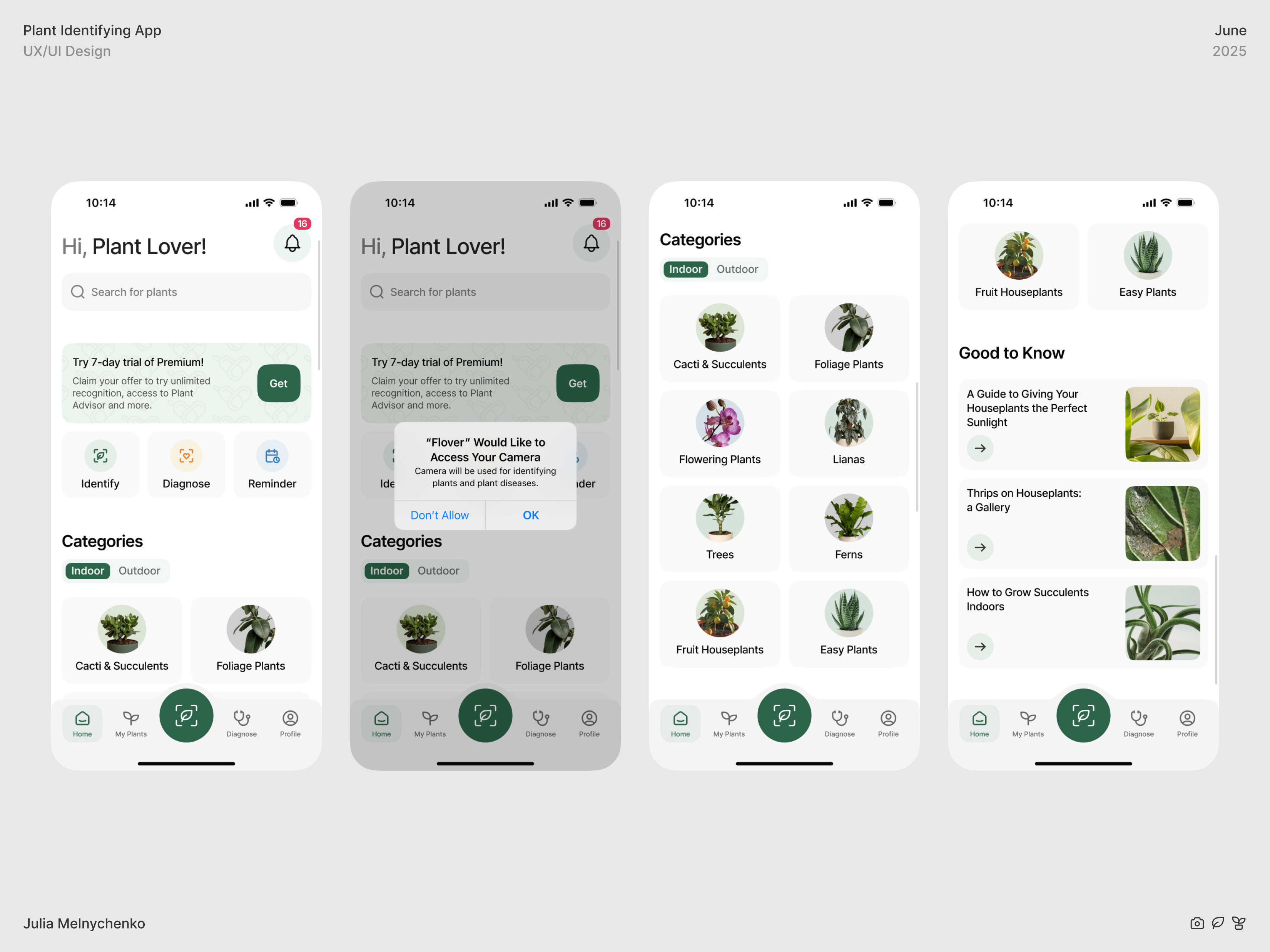 Flover – Plant Identifying Mobile App – Home & My Plants Pages flower garden app home page identification ios mobile mobile app mobile app ui my plants plant plant guide plant identifier planting product design ui ux