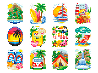 Hello Summer Set 8bit beach colorful design digital art graphicdesign illustration illustration art mini palm trees pixel pixelart pixelartist pixels summer summer illustration summervibe sunny