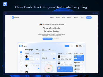 Simpra – SaaS Dashboard Landing Page b2b bmvsi business intelligence business software productivity saas sales automation sales crm sales management sales tool uiux web application