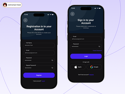 Mobile App Login & Register Screen | Dark Mode UI appdesign appinterface applogin cleanui darkmodeui designinspiration figmadesign loginscreen loginui minimaldesign mobileappdesign mobileui mobileux modernui onboardingscreen registerui registrationscreen uidesign userinterface uxdesign