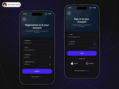 Mobile App Login & Register Screen | Dark Mode UI appdesign appinterface applogin cleanui darkmodeui designinspiration figmadesign loginscreen loginui minimaldesign mobileappdesign mobileui mobileux modernui onboardingscreen registerui registrationscreen uidesign userinterface uxdesign