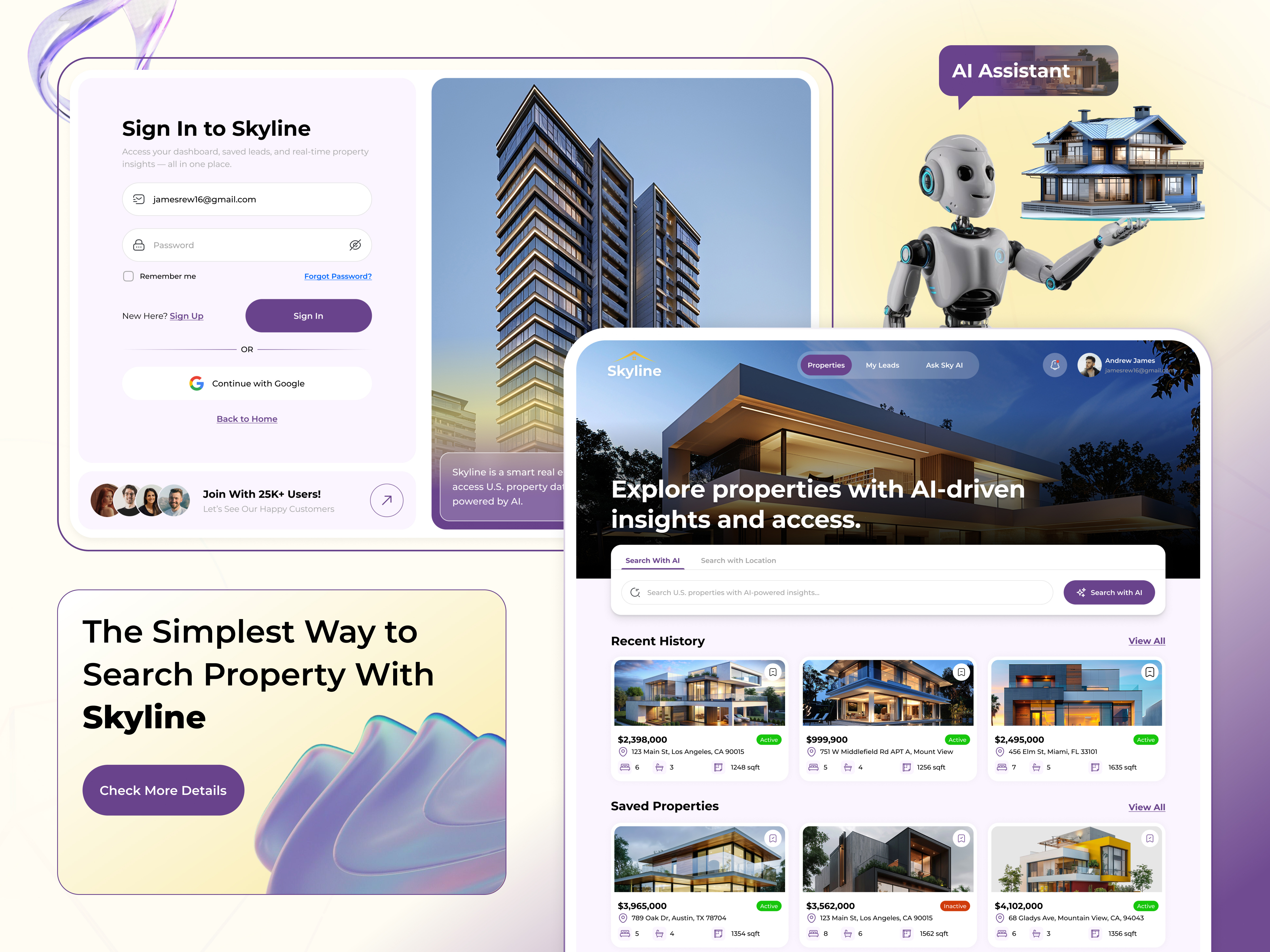 Skyline– AI-Powered Real Estate Search Experience aiindesign aipropertyfinder dashboarddesign dribbbleui kazzaai onboardingui productdesign propertyapp propertysearch proptechdesign purpleuitheme realestateapp realestatedashboard saaswebappdesign signinpagedesign smartpropertysearch smartsearch uiux design uxcasestudy webappui