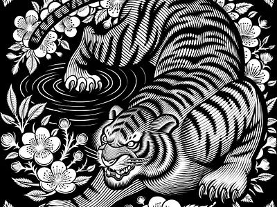 "Year of the Tiger" illustration black and white engraving illustration illustrations japanese logo martial arts screenprint silkscreen tiger vector vector art woodcut zodiac