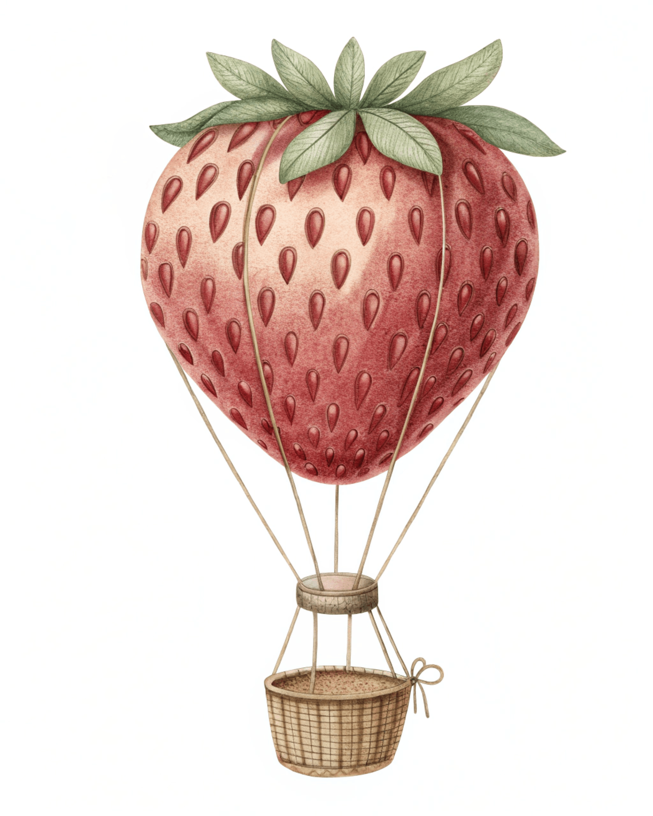 Strawberry Balloon Ride — Whimsical Illustration aiart aiillustration childrens book art dreamy vector style fantasy fruit design graphic design soft textured illustration strawberry hot air balloon surreal concept art vintage pastel tones whimsical illustration