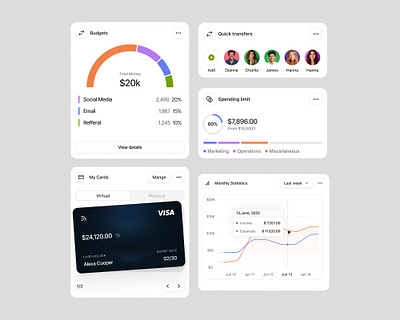 Some clean cards design ✨ app design bento card card design component design dashboard components finance app finance landing page fintech hero section hero section design landing page motion ui spending tracker ui ui component ui design ux ux design visual design